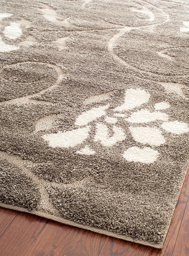 SAFAVIEH Florida Shag Collection Area Rug - 8' Round, Smoke & Beige, Floral Design, Non-Shedding & Easy Care, 1.2-inch Thick Ideal for High Traffic Areas in Living Room, Bedroom (SG464-7913)