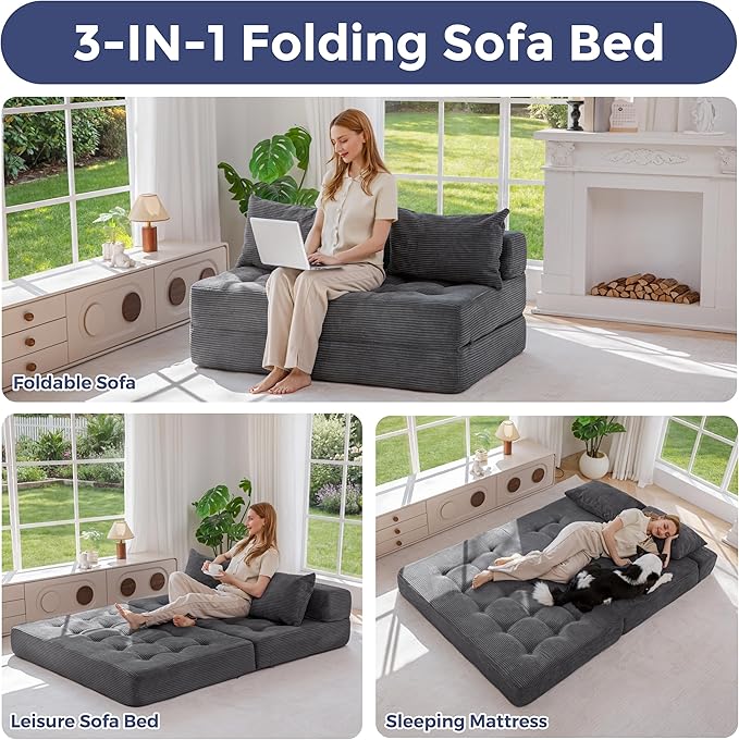 MAXYOYO Folding Sofa Couch, Convertible Floor Sleeper Couch with 2 Pillows, Tufted Floor Loveseat Couch Tufted Fold Out Chair Bed Comfy Sofa Lounge for Living Room Bedroom, Dark Grey