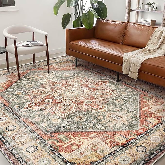 Washable Area Rug 8'x10' Red Khaki Retro Boho Design Non-Shedding Non-Slip Easy Care Ideal for High Traffic Areas in Living Room Bedroom Office Coffee Table Kitchen Large Carpet