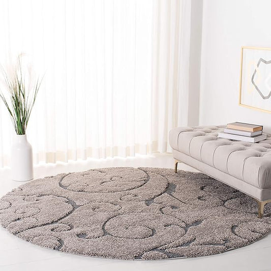 SAFAVIEH Florida Shag Collection Area Rug - 6'7" Round, Grey & Light Blue, Scroll Design, Non-Shedding & Easy to Clean, High-Low Plush Pile, Ideal for Living Room, Bedroom, Dining Space (SG455-1160)
