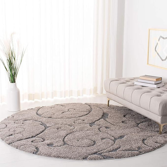 SAFAVIEH Florida Shag Collection Area Rug - 9' Round, Grey & Light Blue, Scroll Design, Non-Shedding & Easy to Clean, High-Low Plush Pile, Ideal for Living Room, Bedroom, Dining Space (SG455-1160)