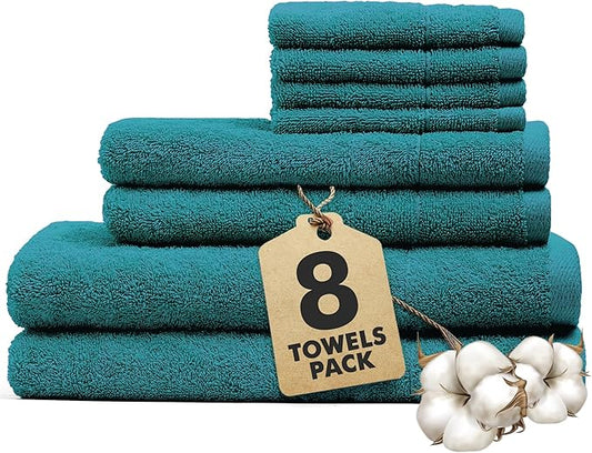 Bath Towels Set of 8 – 100% Cotton (Teal) Bathroom Towel Set Bale Includes 2 Bath, 2 Hand, 4 Face Towels – Soft, Absorbent & Quick Dry Towel for Bathroom, Spa, Kitchen, Hotel Use
