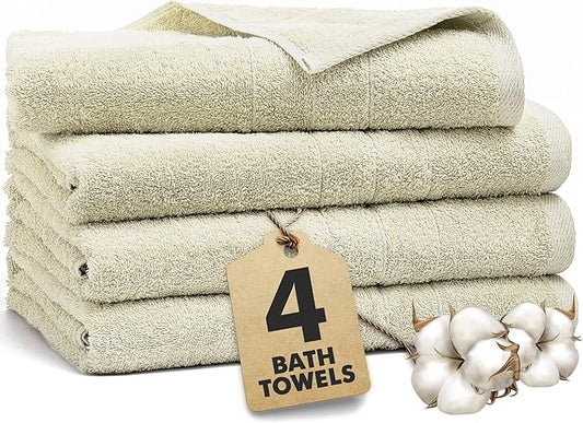 Bath Towels Set of 4 – 100% Cotton Ivory Extra Large Towels for Bathroom, Spa Use (55x28 in) – Super Soft and Quick Dry Large Bath Sheets for Adults