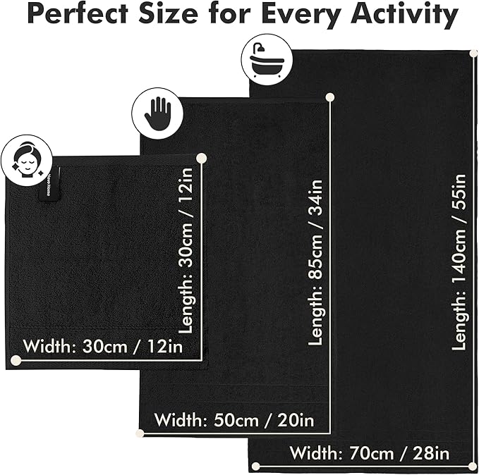 Bath Towels Set of 8 – 100% Cotton (Black) Bathroom Towel Set Bale Includes 2 Bath, 2 Hand, 4 Face Towels – Soft, Absorbent & Quick Dry Towel for Bathroom, Spa, Kitchen, Hotel Use