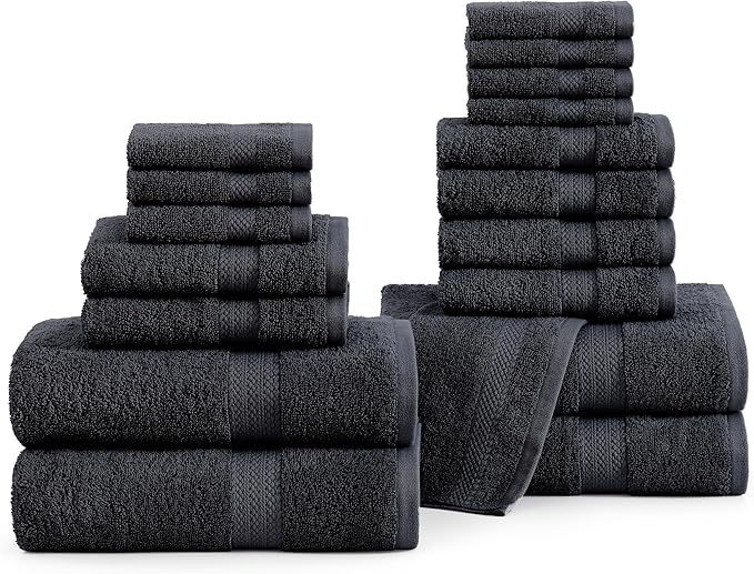 LANE LINEN 100% Cotton Black Towel Set for Bathroom - 18 Piece - Super Soft, Hotel Quality - 4 Bath, 8 Wash Cloths, 6 Hand Towels for Bathroom - Classic, Gentle on Skin, Ideal for Spa & Daily Use