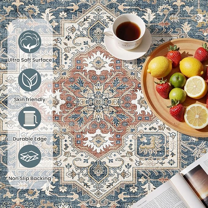 Vintage Living Room Area Rug 3x5 - Large Soft Washable Oriental Traditional Distressed Farmhouse Rugs for Bedroom - Indoor Floor Accent Carpet for Home Office House Decor - Blue