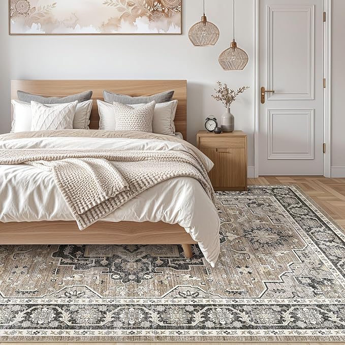 Vintage Living Room Area Rug 8x10 - Large Soft Washable Oriental Traditional Distressed Farmhouse Rugs for Bedroom - Indoor Floor Accent Carpet for Home Office House Decor - Black Brown