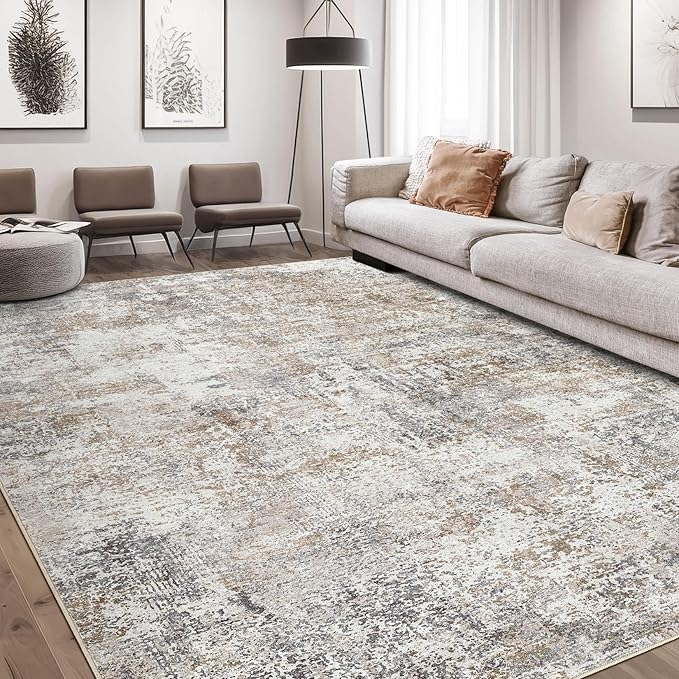Area Rug Living Room Rugs - 8x10 Washable Large Soft Indoor Neutral Modern Abstract Low Pile Rug Carpet for Bedroom Dining Room Farmhouse Home Office - Brown/Grey/Black