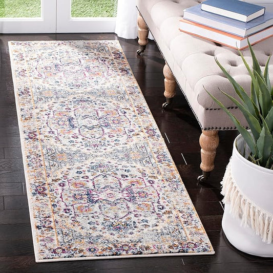 SAFAVIEH Evoke Collection Runner Rug - 2'2" x 7', Ivory & Grey, Oriental Medallion Distressed Design, Non-Shedding & Easy Care, Ideal for High Traffic Areas in Living Room, Bedroom (EVK275A)