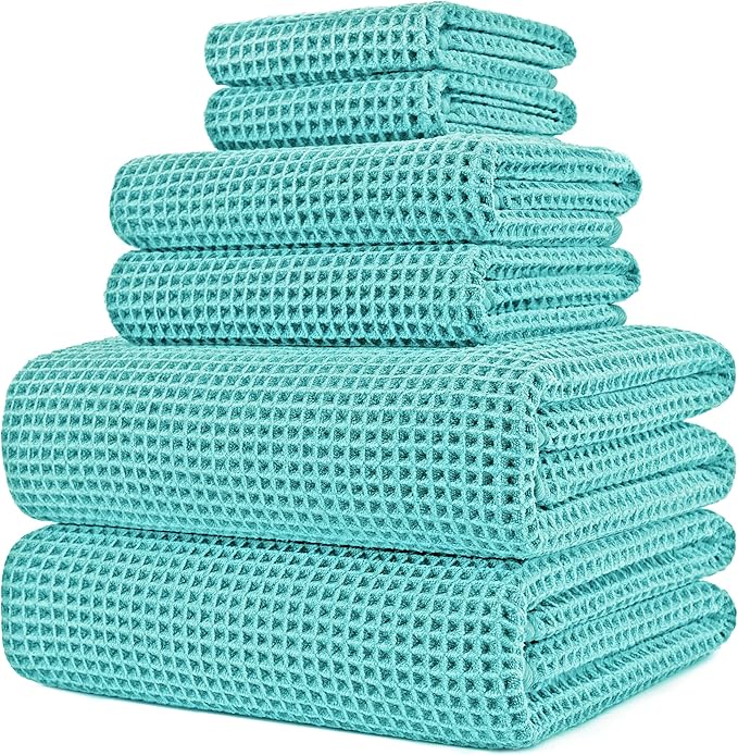 430 GSM Microfiber Quick Dry Lint Free Oversize Bath Towel Set, 6 Piece (Waffle Weave)