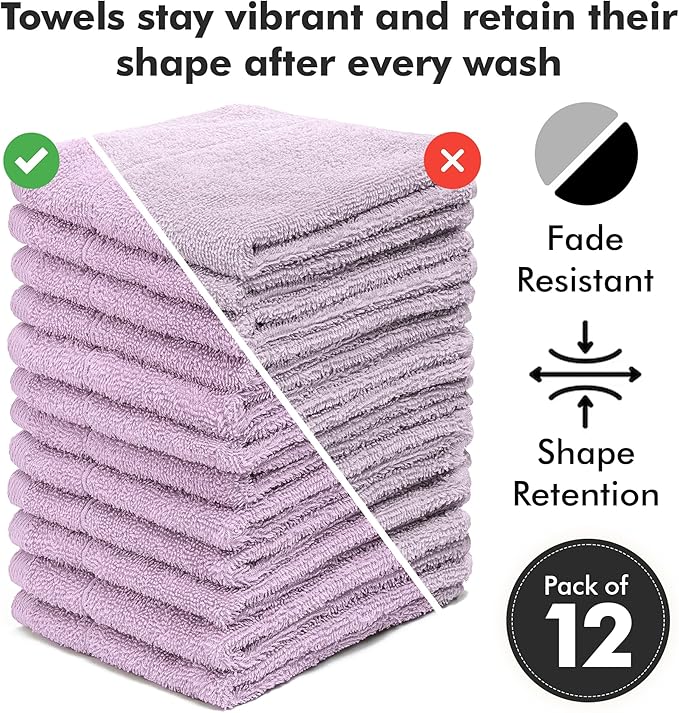 Face Towels Pack of 12 – 100% Cotton Wash Cloths (12x12 inch) – Soft, Quick Dry & Highly Absorbent Hand Towels for Bathroom, Spa, Gym, Kitchen and for Daily Use - (Lilac)