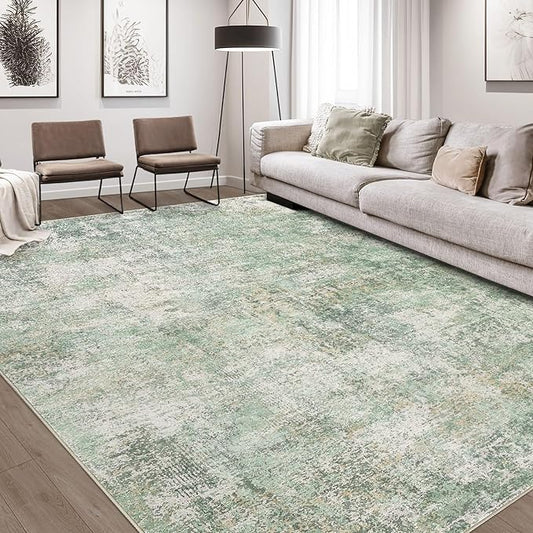 Area Rug Living Room Rugs - 9x12 Abstract Large Soft Indoor Washable Rug Neutral Modern Low Pile Carpet for Bedroom Dining Room Farmhouse Home Office - Green Grey