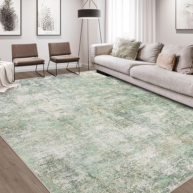 Area Rug Living Room Rugs - 8x10 Washable Large Soft Indoor Neutral Modern Abstract Low Pile Rug Carpet for Bedroom Dining Room Farmhouse Home Office - Green Grey