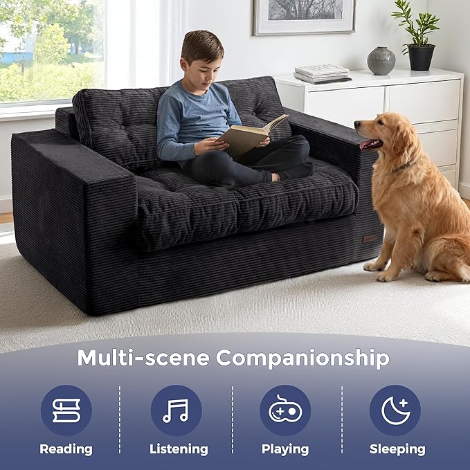 MAXYOYO Loveseat Sofa Couch, Upholstered Bean Bag Chair Cloud 2-Seat for Adults, Boneless Couch with Tufted Cushion & Pillows, Sofa in A Box, No Assembly Required, Black