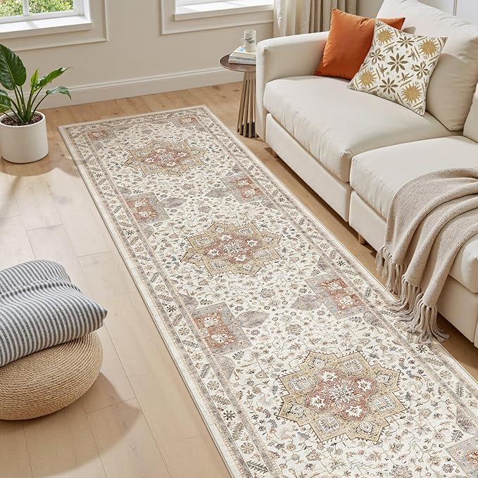 Vintage Hallway Runner Rug 2x10: Large Soft Washable Entryway for Kitchen Laundry Room Non-Slip Backing Runner for Entrance Living Room Bedroom Bathroom - Orange
