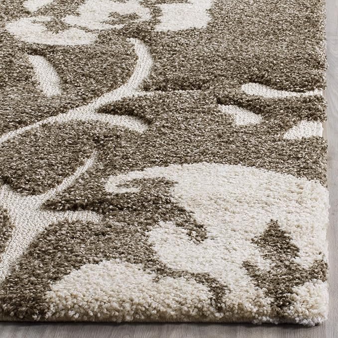SAFAVIEH Florida Shag Collection Area Rug - 6'7" Square, Smoke & Beige, Floral Design, Non-Shedding & Easy Care, 1.2-inch Thick Ideal for High Traffic Areas in Living Room, Bedroom (SG458-7913)