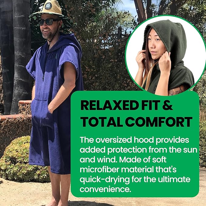 COR Surf Poncho Changing Towel Robe with Hood and Front Pocket — Thick Quick Dry Microfiber Wetsuit Poncho Towel for Surfing Beach Pool Swim (Ranger Green, Medium)