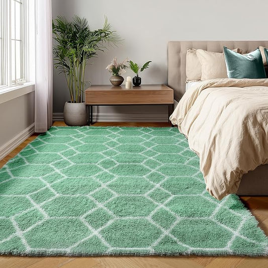 ONASAR Area Rugs for Bedroom Living Room, 4x6 Fluffy Sage Green and White Throw Rug, Shaggy Geometric Floor Mat for Home Decor Aesthetic, Soft Plush Fuzzy Carpet for Nursery Kids Teen Dorm