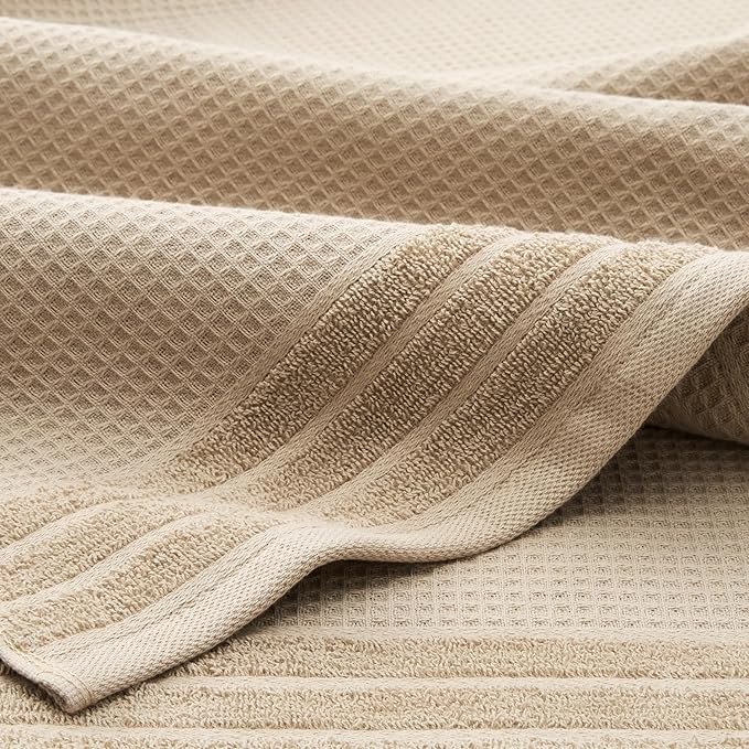 Town & Country Basics 6-Piece Assorted Waffle Woven Terry Stripe Set, 2 Bath Towel, 2 Hand Towel, 2 Washcloth, 100% Cotton, Quick Dry, Taupe