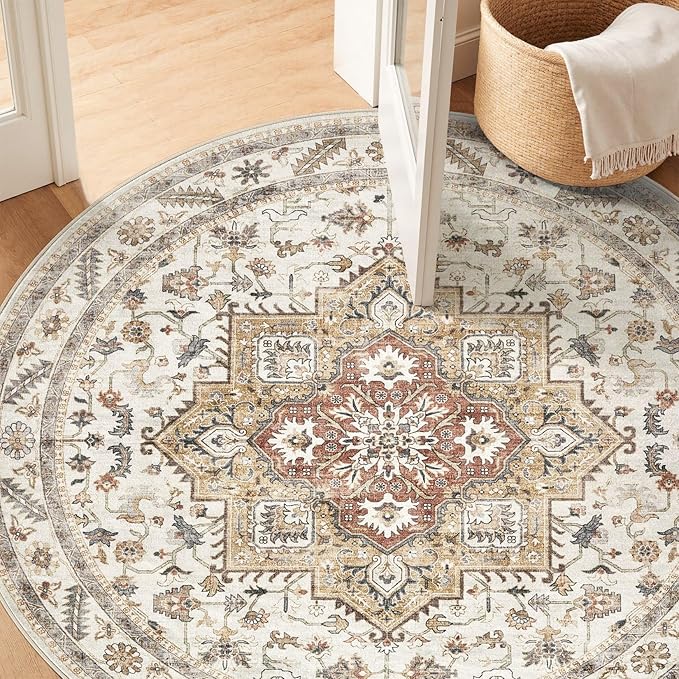 6ft Round Vintage Living Room Area Rug - 6x6 Large Soft Washable Oriental Traditional Distressed Farmhouse Rugs for Bedroom - Indoor Floor Accent Carpet for Home Office House Decor - Golden Taupe