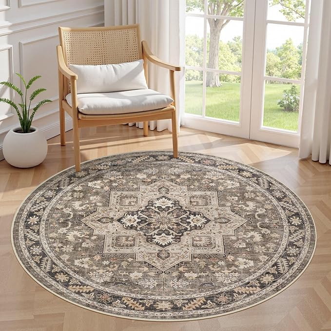 5ft Round Vintage Living Room Area Rug - 5x5 Large Soft Washable Oriental Traditional Distressed Farmhouse Rugs for Bedroom - Indoor Floor Accent Carpet for Home Office House Decor - Brown