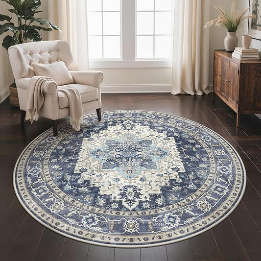 GENIMO 5FT Round Area Rugs for Living Room, Circle Rugs Machine Washable Low Pile, Chenille Non Slip Vintage Rug for Bedroom, Dining Room, Home Office, Charcoal Brown