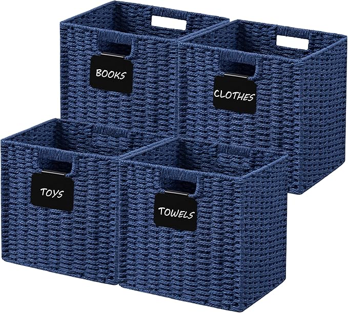 UBBCARE 4 Pack Wicker Basket, 10.5×10.5 Storage Cubes with Label, Foldable Cube Storage Bin with Handle, Square Storage Basket for Shelves, Woven Paper Rope Basket for Organizing, Blue