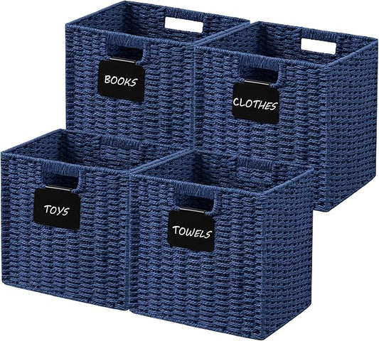 UBBCARE 4 Pack Wicker Basket, 10.5×10.5 Storage Cubes with Label, Foldable Cube Storage Bin with Handle, Square Storage Basket for Shelves, Woven Paper Rope Basket for Organizing, Blue