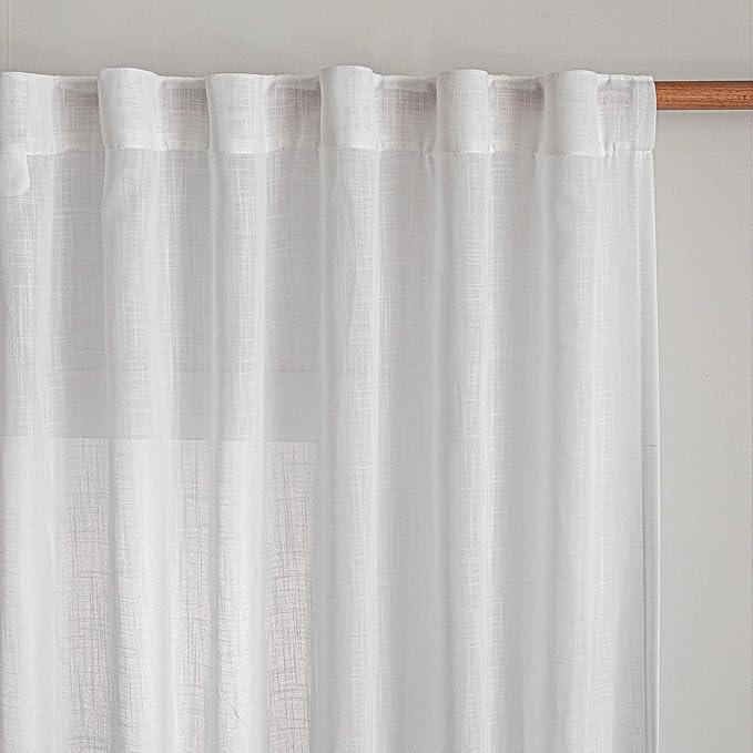 MYSKY HOME Patio White Curtains for Sliding Door, 90 inch Length Living Room Curtains & Drapes Soft Cotton Farmhouse Window Treatments 1 Panel Set Linen Look Semi Sheer Draperies, 100" W x 90" L