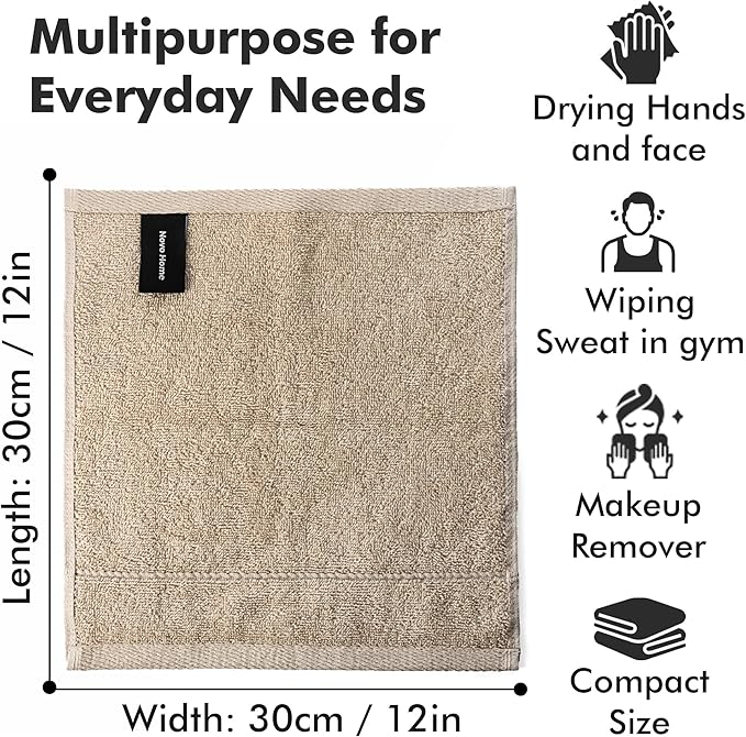Face Towels Pack of 12 – 100% Cotton Wash Cloths (12x12 inch) – Soft, Quick Dry & Highly Absorbent Hand Towels for Bathroom, Spa, Gym, Kitchen and for Daily Use - (Beige)