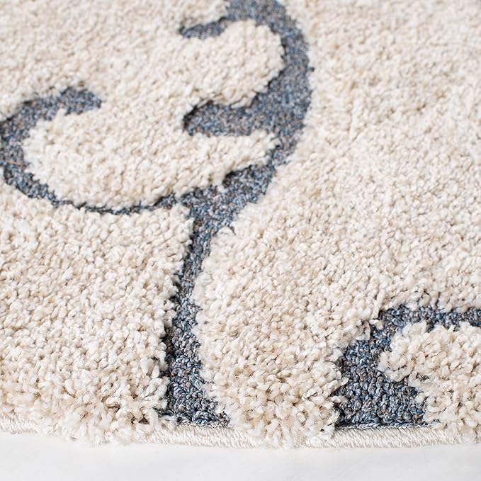 SAFAVIEH Florida Shag Collection Area Rug - 9' Round, Beige & Blue Grey, Scroll Design, Non-Shedding & Easy to Clean, High-Low Plush Pile, Ideal for Living Room, Bedroom, Dining Space (SG455-1155)
