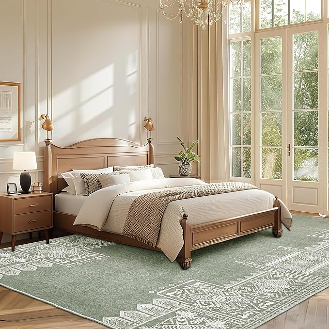 NICETOWN Machine Washable Sage Green Rug - 4 x 6 Rugs for Living Room Non-Slip Bedroom Vintage Trellis Ultra-Thin Throw Carpet for Dining Room Office