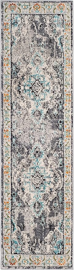 SAFAVIEH Monaco Collection Runner Rug - 2'2" x 8', Grey & Light Blue, Non-Shedding & Easy to Clean, Distressed Medallion Design, Ideal for Hallway, Foyer, Entryway, Kitchen, Bedroom (MNC243G)