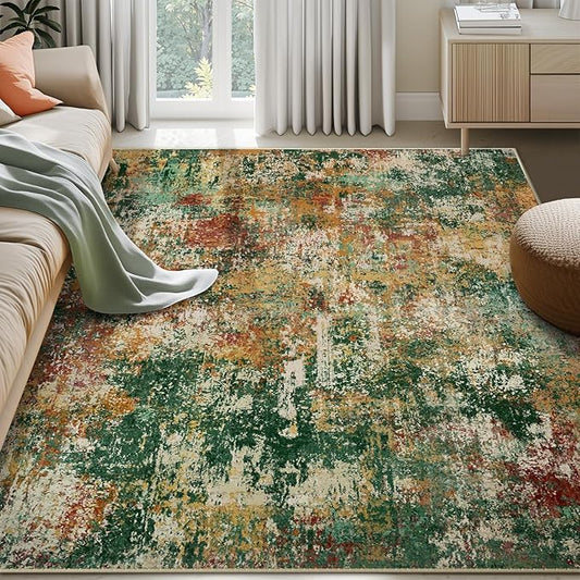 Washable Area Rugs 10'x14 Non-Slip Modern Abstract Soft for Living Room Entryway Bedroom Nursery, Print Pattern, Green Orange Rust Red Cream Colorful