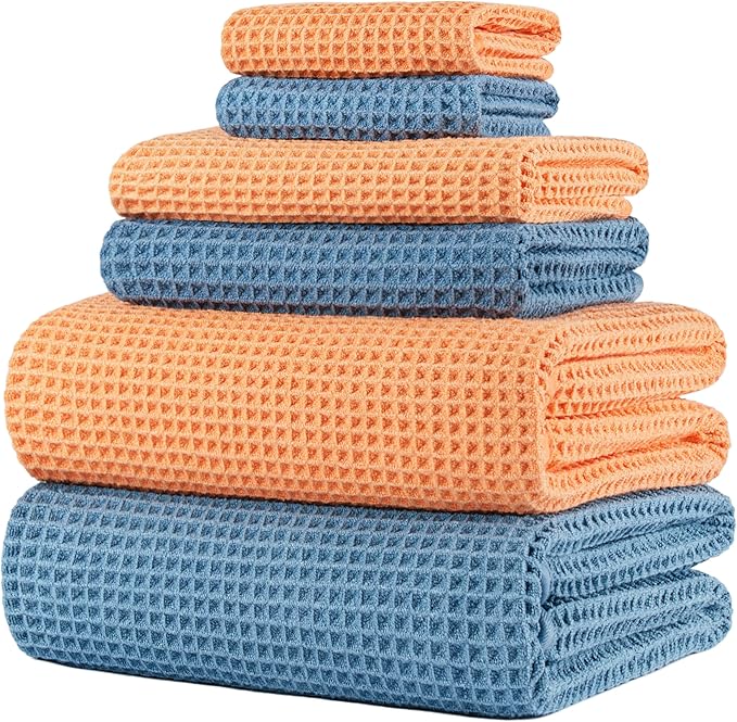430 GSM Microfiber Quick Dry Lint Free Oversize Bath Towel Set, 6 Piece (Waffle Weave)
