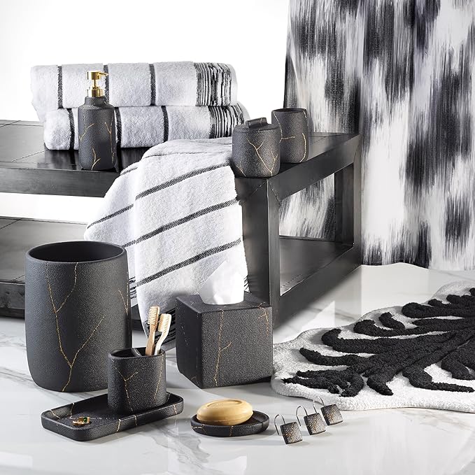 Nicole Miller - Bathroom Set, 2pc Resin Accessories, Toothbrush & Lotion Pump/Soap Dispenser, Dorm Room Essentials (Sydney Collection, Black/Gold)