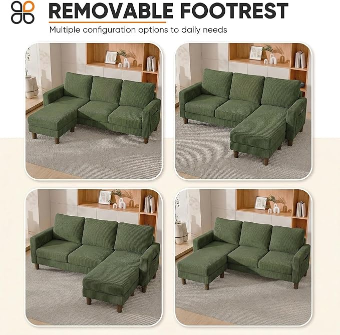 JUMMICO L Shape Sectional Sofa Couch, 3 Seat Convertible Sofa with Movable Ottoman and Side Storage Pockage, Modern Sofa Small Couches for Living Room & Apartment and Small Space (Corduroy, Green)