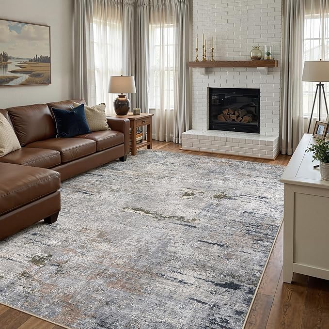 Area Rug Living Room Rugs - 7x9 Washable Large Soft Indoor Neutral Modern Abstract Low Pile Rug Carpet for Bedroom Dining Room Farmhouse Home Office - Blue/Grey/Brown