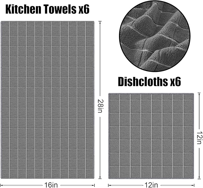 Homaxy Microfiber Kitchen Towels and Dishcloths Set, 12 Pack, 28 x 16 Inch & 12 x 12 Inch Quick Drying Rags for Washing Dishes and Premium Kitchen Towels 18”x 28”, 6 Pack, Grey