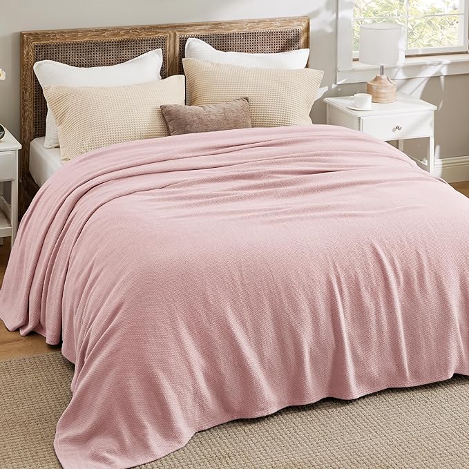 Bedsure GentleSoft 100% Cotton Blanket Queen Size for Bed - Breathable and Lightweight, Soft Cozy Textured Herringbone Woven Blanket for Summer Spring, Pink, 90x90 inches