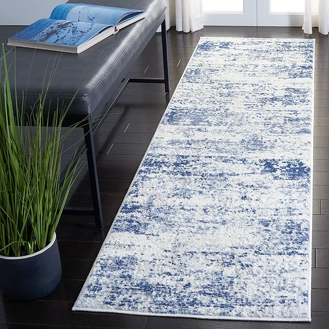 SAFAVIEH Amelia Collection Runner Rug - 2'2" x 20', Ivory & Navy, Modern Abstract Design, Non-Shedding & Easy Care, Ideal for High Traffic Areas in Living Room, Bedroom (ALA700B)