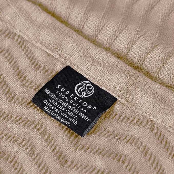 Superior JENA Cotton Blanket, for Picnic, Beach, Traveling or Camping, Bedroom Decor, Essentials, Cover for Bed, Couch, Lounging, Textured Jacquard, Modern Chevron Woven Blanket, Throw, Khaki