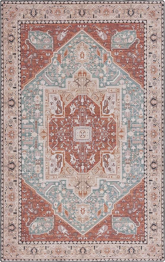 SAFAVIEH Washable Rug Tucson Collection - 5' x 8', Aqua & Rust, Slip Resistant & Easy to Clean, Ideal for Living Room, Bedroom, Dining Space (TSN150J)