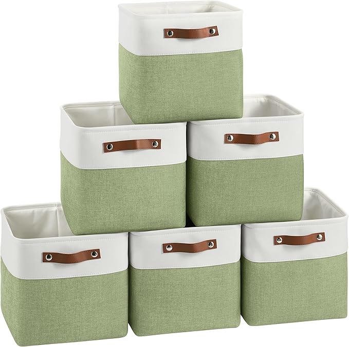 Cube Storage Baskets 6 Pack, 11x11 inch Cube Storage Bins with Leather Handles for Shelf Closet (White/ Green)