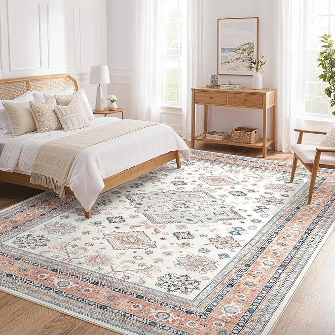 Vintage Living Room Area Rug 6x9 - Large Soft Washable Oriental Traditional Distressed Farmhouse Rugs for Bedroom - Indoor Floor Accent Carpet for Home Office House Decor - Coral Pink