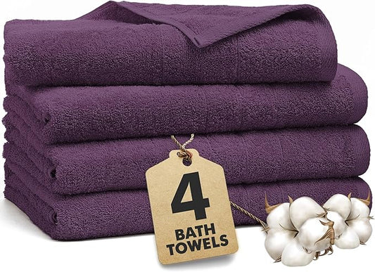Bath Towels Set of 4 – 100% Cotton Dark Purple Extra Large Towels for Bathroom, Spa Use (55x28 in) – Super Soft and Quick Dry Large Bath Sheets for Adults