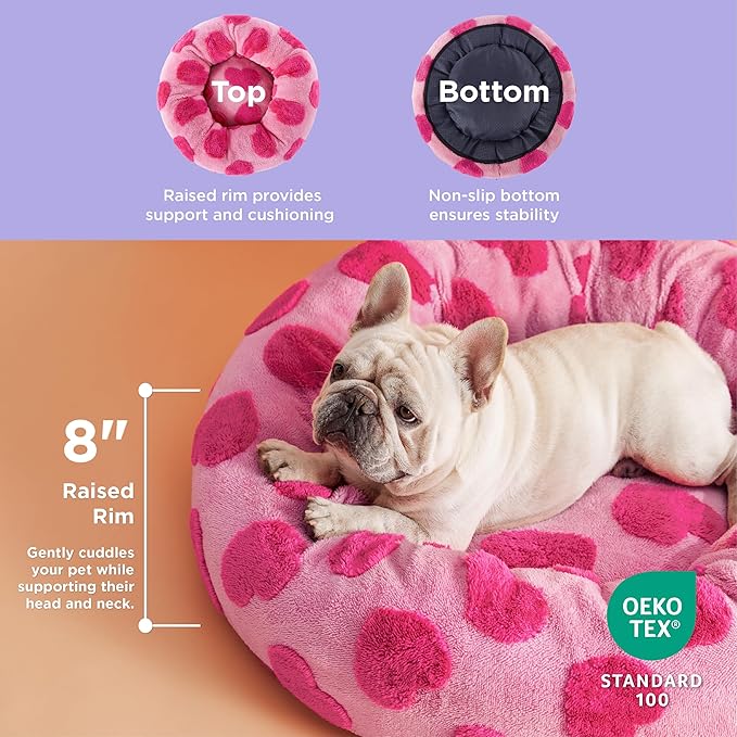 LE SURE Donut Medium Dog Bed - Round Cat Beds for Indoor Cats Anti-Anxiety Calming Pet Beds, Washable Cute Modern Beds with Teddy Sherpa Plush & Anti Slip Bottom, 30 Inch, Heart Pink