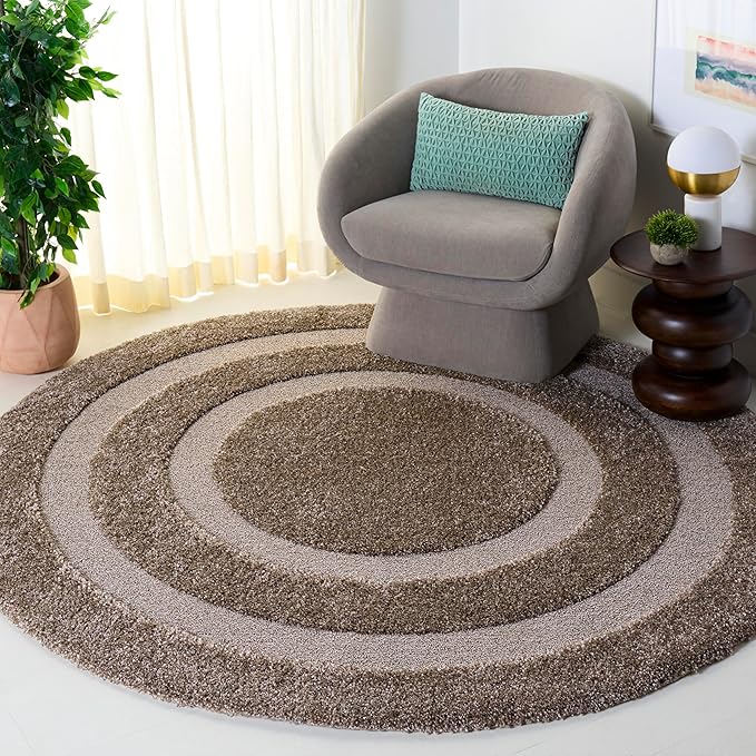 SAFAVIEH Florida Shag Collection Area Rug - 6'7" Round, Beige & Beige, Border Design, Non-Shedding & Easy Care, 1.2-inch Thick Ideal for High Traffic Areas in Living Room, Bedroom (SG454-1313)