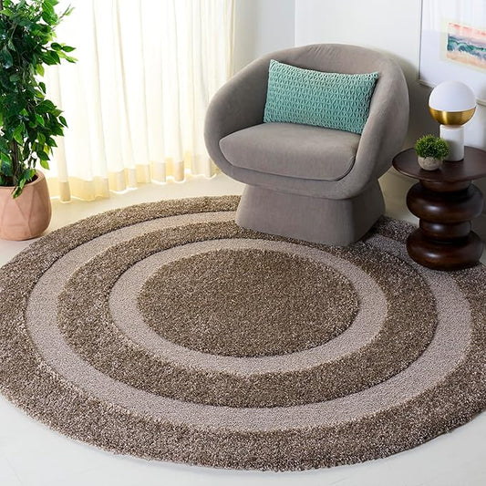 SAFAVIEH Florida Shag Collection Area Rug - 6'7" Round, Beige & Beige, Border Design, Non-Shedding & Easy Care, 1.2-inch Thick Ideal for High Traffic Areas in Living Room, Bedroom (SG454-1313)