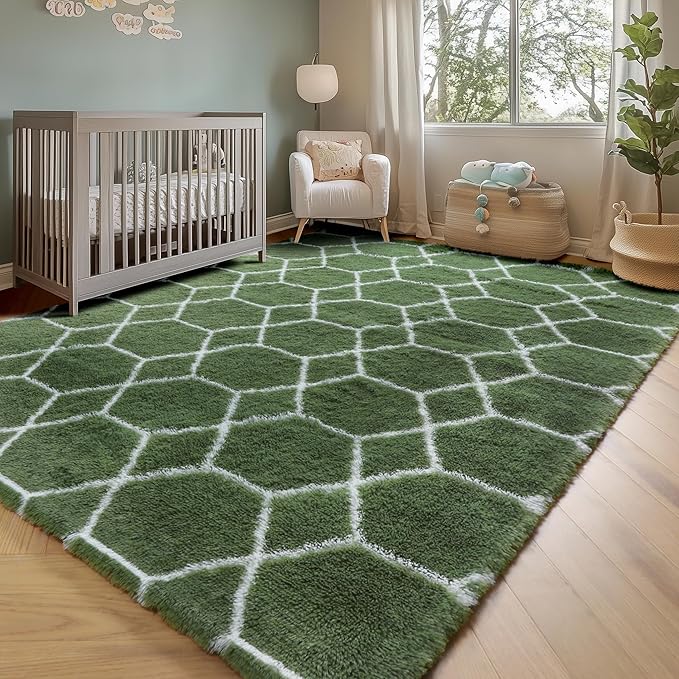 ONASAR 5x7 Area Rugs for Living Room Bedroom, Fluffy Olive Green and White Throw Rug, Geometric Boho Soft Plush Shaggy Floor Carpet for Nursery Kids Girls Boys Teen Dorm Home Decor
